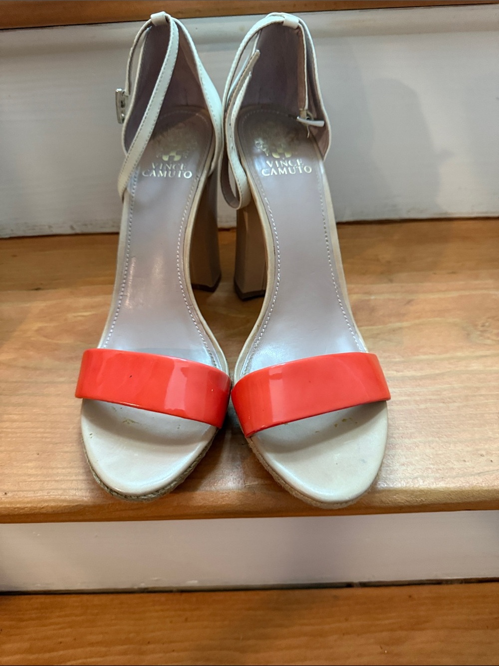 Vince Camuto Cream and Coral Block Heel Sandals
